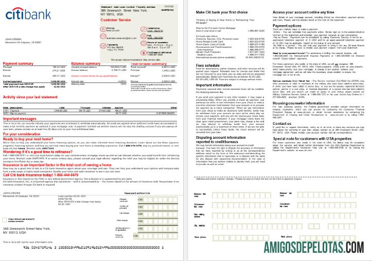 Extrato de hipoteca do Citi Bank dos EUA em formatos Word e PDF, 2 páginas baixar para verificação